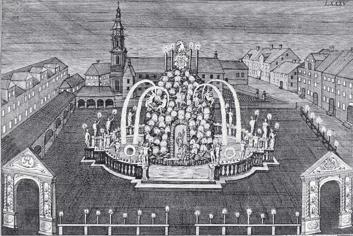 1727 Johann Anton de Klyher Kupferstich der illuminierten Neustädter Markt mit dem Parnaßbrunnen